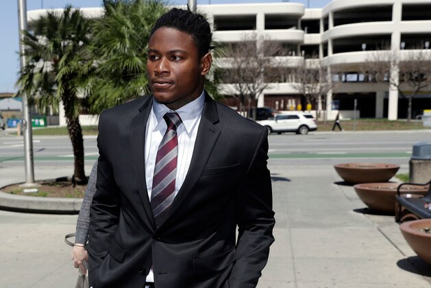FILE - In this April 12, 2018, file photo, San Francisco 49ers linebacker Reuben Foster arrives at Santa Clara County Superior Court in San Jose, Calif.  The attorney for the ex-girlfriend of Reuben Foster says her client initially lied to authorities when she accused the linebacker of hitting her leading to domestic violence charges. Attorney Stephanie Rickard issued a statement on behalf of Elissa Ennis on Wednesday that says her client can prove the injuries that led to the charges were not caused by Foster. (AP Photo/Marcio Jose Sanchez, File)