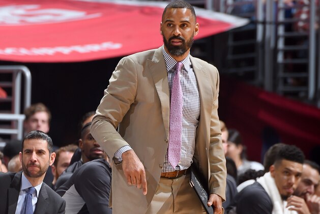 LOS ANGELES, CA - APRIL 3: Assistant Coach Ime Udoka of the San Antonio Spurs looks on during the game against the LA Clippers on April 3, 2018 at STAPLES Center in Los Angeles, California. NOTE TO USER: User expressly acknowledges and agrees that, by downloading and/or using this photograph, user is consenting to the terms and conditions of the Getty Images License Agreement. Mandatory Copyright Notice: Copyright 2018 NBAE (Photo by Andrew D. Bernstein/NBAE via Getty Images)