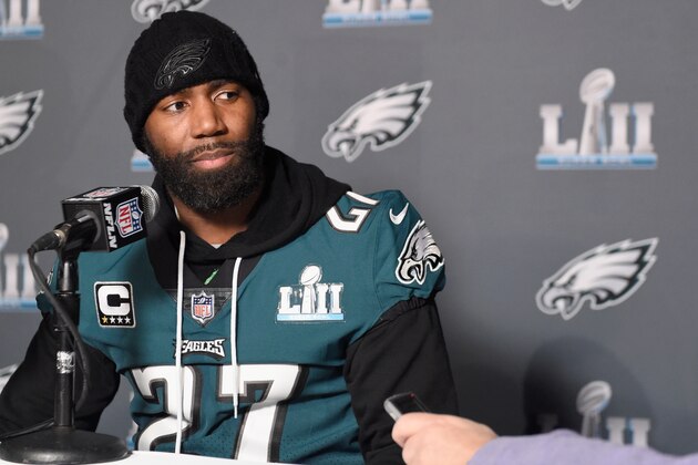 BLOOMINGTON, MN - JANUARY 31: Malcolm Jenkins #27 of the Philadelphia Eagles speaks to the media during Super Bowl LII media availability on January 31, 2018 at Mall of America in Bloomington, Minnesota. The Philadelphia Eagles will face the New England Patriots in Super Bowl LII on February 4th. (Photo by Hannah Foslien/Getty Images)