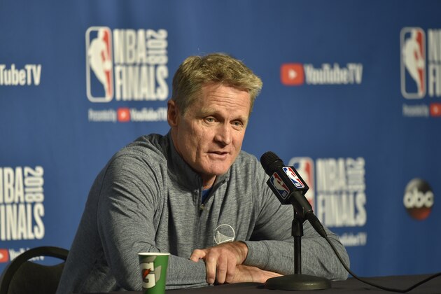 CLEVELAND, OH - JUNE 05: Steve Kerr, head coach of the Golden State Warriors addresses the media during practice and media availability as part of the 2018 NBA Finals on June 05, 2018 at Quicken Loans Arena in Cleveland, Ohio. NOTE TO USER: User expressly acknowledges and agrees that, by downloading and or using this photograph, User is consenting to the terms and conditions of the Getty Images License Agreement. Mandatory Copyright Notice: Copyright 2018 NBAE (Photo by David Kyle/NBAE via Getty Images)