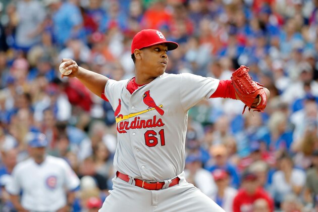 CHICAGO, IL - SEPTEMBER 24:  Alex Reyes #61 of the St. Louis Cardinals pitches against the Chicago Cubs during the first inning at Wrigley Field on September 24, 2016 in Chicago, Illinois.  (Photo by Jon Durr/Getty Images)