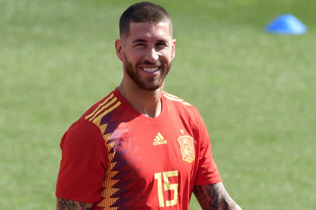 Spain's defender Sergio Ramos smiles during a training session at Las Rozas de Madrid sports city on June 5, 2018. (Photo by JAVIER SORIANO / AFP)        (Photo credit should read JAVIER SORIANO/AFP/Getty Images)