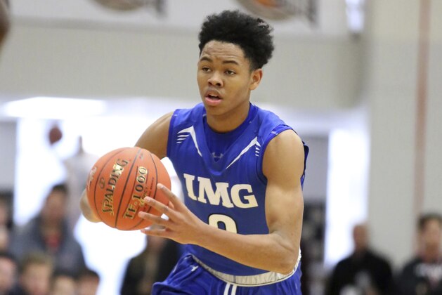 IMG Post Grad National's Anfernee Simons #3 in action against Vermont Academy during a high school basketball game at the Hoophall Classic, Sunday, January 14, 2018, in Springfield,MA. (AP Photo/Gregory Payan)