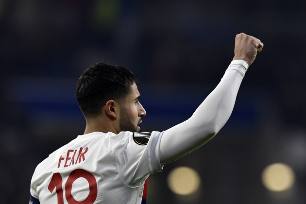 Lyon's French midfielder Nabil Fekir celebrates after scoring a goal during the UEFA Europa League football match between Olympique Lyonnais (OL) and Villarreal CF (VCF) on February 15, 2018, at the Groupama Stadium in Decines-Charpieu, central-eastern France.  / AFP PHOTO / JEFF PACHOUD        (Photo credit should read JEFF PACHOUD/AFP/Getty Images)