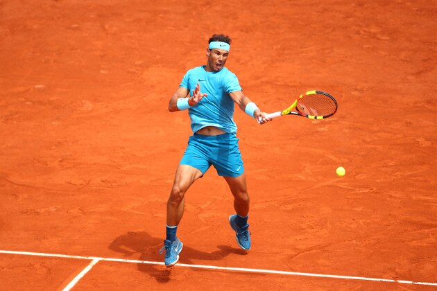 PARIS, FRANCE - JUNE 07:  Rafael Nadal of Spain plays a forehand during the mens singles quarter finals match againts Diego Schwartzman of Argentina during day twelve of the 2018 French Open at Roland Garros on June 7, 2018 in Paris, France.  (Photo by Cameron Spencer/Getty Images)