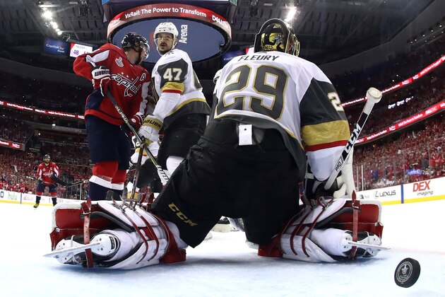 WASHINGTON, DC - JUNE 04:  Marc-Andre Fleury #29 of the Vegas Golden Knights allows a third-period goal to Brett Connolly (not pictured) #10 of the Washington Capitals in Game Four of the 2018 NHL Stanley Cup Final at Capital One Arena on June 4, 2018 in Washington, DC.  (Photo by Gregory Shamus/Getty Images)