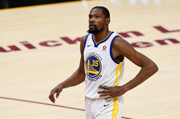 CLEVELAND, OH - JUNE 06:  Kevin Durant #35 of the Golden State Warriors reacts against the Cleveland Cavaliers in the first half during Game Three of the 2018 NBA Finals at Quicken Loans Arena on June 6, 2018 in Cleveland, Ohio. NOTE TO USER: User expressly acknowledges and agrees that, by downloading and or using this photograph, User is consenting to the terms and conditions of the Getty Images License Agreement.  (Photo by Jason Miller/Getty Images)