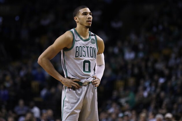 Boston Celtics forward Jayson Tatum (0) during the second half of an NBA basketball game in Boston, Monday, Feb. 26, 2018. The Celtics defeated the Grizzlies 109-96. (AP Photo/Charles Krupa)