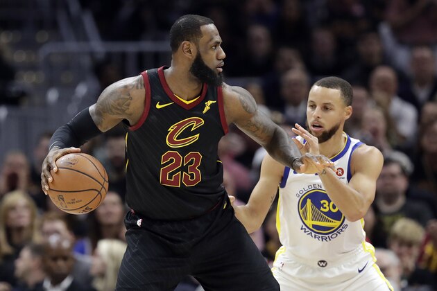 Cleveland Cavaliers' LeBron James is defended by Golden State Warriors' Stephen Curry in the first half of Game 3 of basketball's NBA Finals, Wednesday, June 6, 2018, in Cleveland. (AP Photo/Tony Dejak) Cleveland Cavaliers' LeBron James is defended by Golden State Warriors' Stephen Curry in the first half of Game 3 of basketball's NBA Finals, Wednesday, June 6, 2018, in Cleveland. (AP Photo/Tony Dejak)