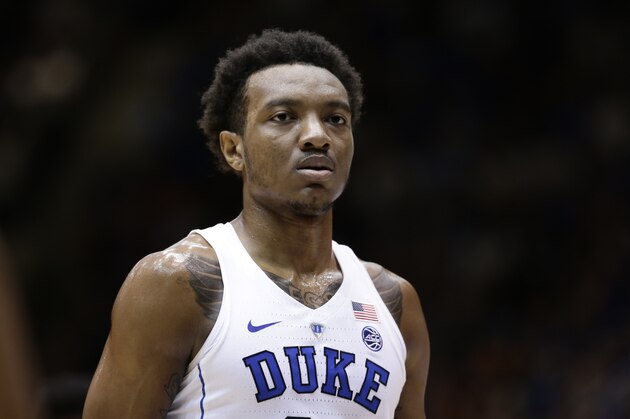 Duke's Wendell Carter Jr. pauses during a break in action against Syracuse during the first half of an NCAA college basketball game in Durham, N.C., Saturday, Feb. 24, 2018. (AP Photo/Gerry Broome) Duke's Wendell Carter Jr. pauses during a break in action against Syracuse during the first half of an NCAA college basketball game in Durham, N.C., Saturday, Feb. 24, 2018. (AP Photo/Gerry Broome)