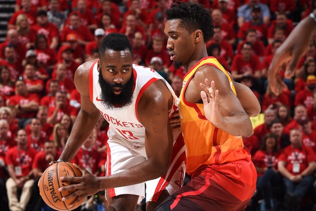 HOUSTON, TX - MAY 4:  James Harden #13 of the Houston Rockets handles the ball against Donovan Mitchell #45 of the Utah Jazz during Game Three of the Western Conference Semifinals of the 2018 NBA Playoffs on May 4, 2018 at the Vivint Smart Home Arena Salt Lake City, Utah. NOTE TO USER: User expressly acknowledges and agrees that, by downloading and or using this photograph, User is consenting to the terms and conditions of the Getty Images License Agreement. Mandatory Copyright Notice: Copyright 2018 NBAE (Photo by Andrew D. Bernstein/NBAE via Getty Images)