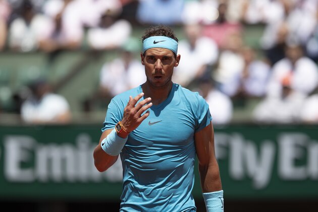 PARIS, FRANCE - JUNE 07:  Rafael Nadal of Spain reacts during the men's singles quarter finals match against  Diego Schwartzman of Argentina during day twelve of the 2018 French Open at Roland Garros on June 7, 2018 in Paris, France.  (Photo by XIN LI/Getty Images)