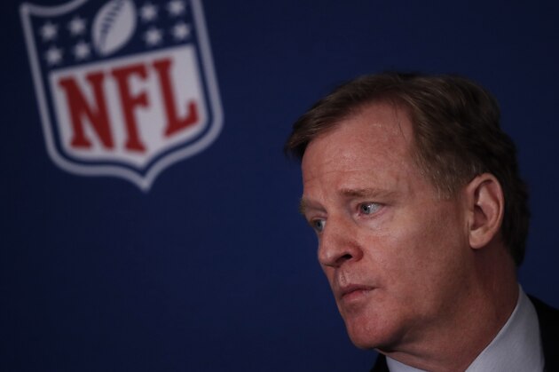 NFL commissioner Roger Goodell announces NFL team owners have reached agreement on a new league policy that requires players to stand for the national anthem or remain in the locker room during the NFL owner's spring meeting Wednesday, May 23, 2018, in Atlanta. (AP Photo/John Bazemore)