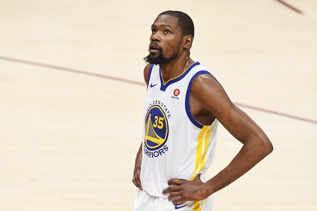 CLEVELAND, OH - JUNE 06:  Kevin Durant #35 of the Golden State Warriors reacts against the Cleveland Cavaliers during Game Three of the 2018 NBA Finals at Quicken Loans Arena on June 6, 2018 in Cleveland, Ohio. NOTE TO USER: User expressly acknowledges and agrees that, by downloading and or using this photograph, User is consenting to the terms and conditions of the Getty Images License Agreement.  (Photo by Jason Miller/Getty Images)