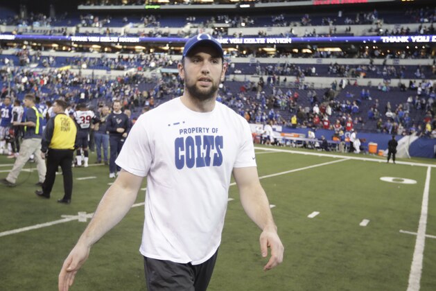 Indianapolis Colts quarterback Andrew Luck walks off the field following an NFL football game against the Houston Texans, Sunday, Dec. 31, 2017, in Indianapolis. Indianapolis won 22-13. (AP Photo/Michael Conroy)