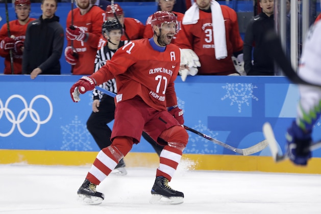 Russian athlete Ilya Kovalchuk (71) celebrates his goal against Slovenia during the second period of the preliminary round of the men's hockey game at the 2018 Winter Olympics in Gangneung, South Korea, Friday, Feb. 16, 2018. (AP Photo/Julio Cortez)