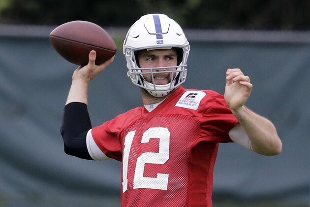 FILE - In this Oct. 6, 2017, file photo, Indianapolis Colts quarterback Andrew Luck throws during NFL football practice in Indianapolis. Andrew Luck is throwing footballs again. Indianapolis Colts coach Frank Reich said Tuesday, March 27, 2018, that Luck has begun to throw as part of the rehab for his surgically repaired shoulder. Luck missed the entire 2017 season because of the injury. (AP Photo/Darron Cummings, File)