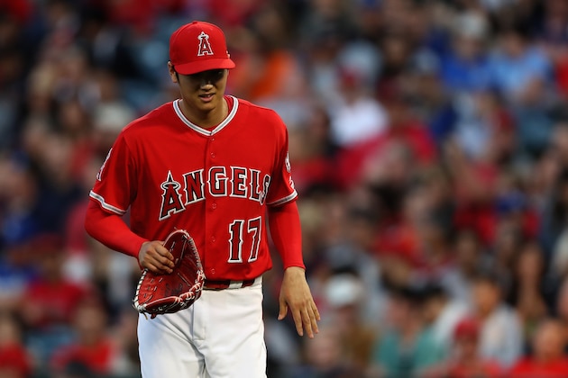 ANAHEIM, CA - JUNE 06:  Shohei Ohtani #17 of the Los Angeles Angels of Anaheim walks to the dugout  during the fourth inning of a game against the Kansas City Royals at Angel Stadium on June 6, 2018 in Anaheim, California.  (Photo by Sean M. Haffey/Getty Images)