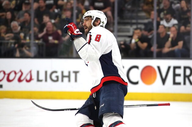 LAS VEGAS, NV - JUNE 07:  Alex Ovechkin #8 of the Washington Capitals celebrates his second-period goal against the Vegas Golden Knights in Game Five of the 2018 NHL Stanley Cup Final at T-Mobile Arena on June 7, 2018 in Las Vegas, Nevada.  (Photo by Bruce Bennett/Getty Images)