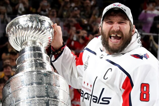 LAS VEGAS, NV - JUNE 07:  Alex Ovechkin #8 of the Washington Capitals reacts after his team defeated the Vegas Golden Knights 4-3 in Game Five of the 2018 NHL Stanley Cup Final at T-Mobile Arena on June 7, 2018 in Las Vegas, Nevada.  (Photo by Bruce Bennett/Getty Images)
