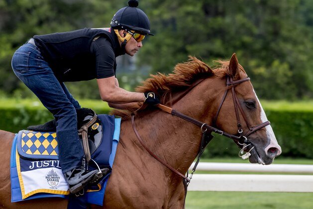 ELMONT, NY - JUNE 07: Justify gallops during preparations for the 150th running of the Belmont Stakes at Belmont Park on June 7, 2018 in Elmont, New York. (Photo by Scott Serio/Eclipse Sportswire/Getty Images)