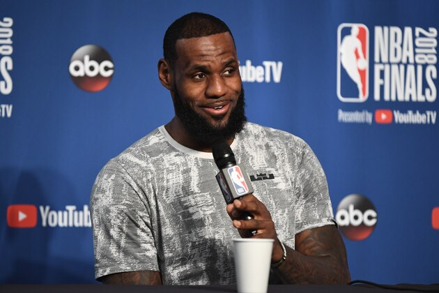 CLEVELAND, OH - JUNE 07:  LeBron James of the Cleveland Cavaliers of the Golden State Warriors addresses the media during practice and media availability as part of the 2018 NBA Finals on June 07, 2018 at Quicken Loans Arena in Cleveland, Ohio. NOTE TO USER: User expressly acknowledges and agrees that, by downloading and or using this photograph, User is consenting to the terms and conditions of the Getty Images License Agreement. Mandatory Copyright Notice: Copyright 2018 NBAE (Photo by Garrett Ellwood/NBAE via Getty Images)