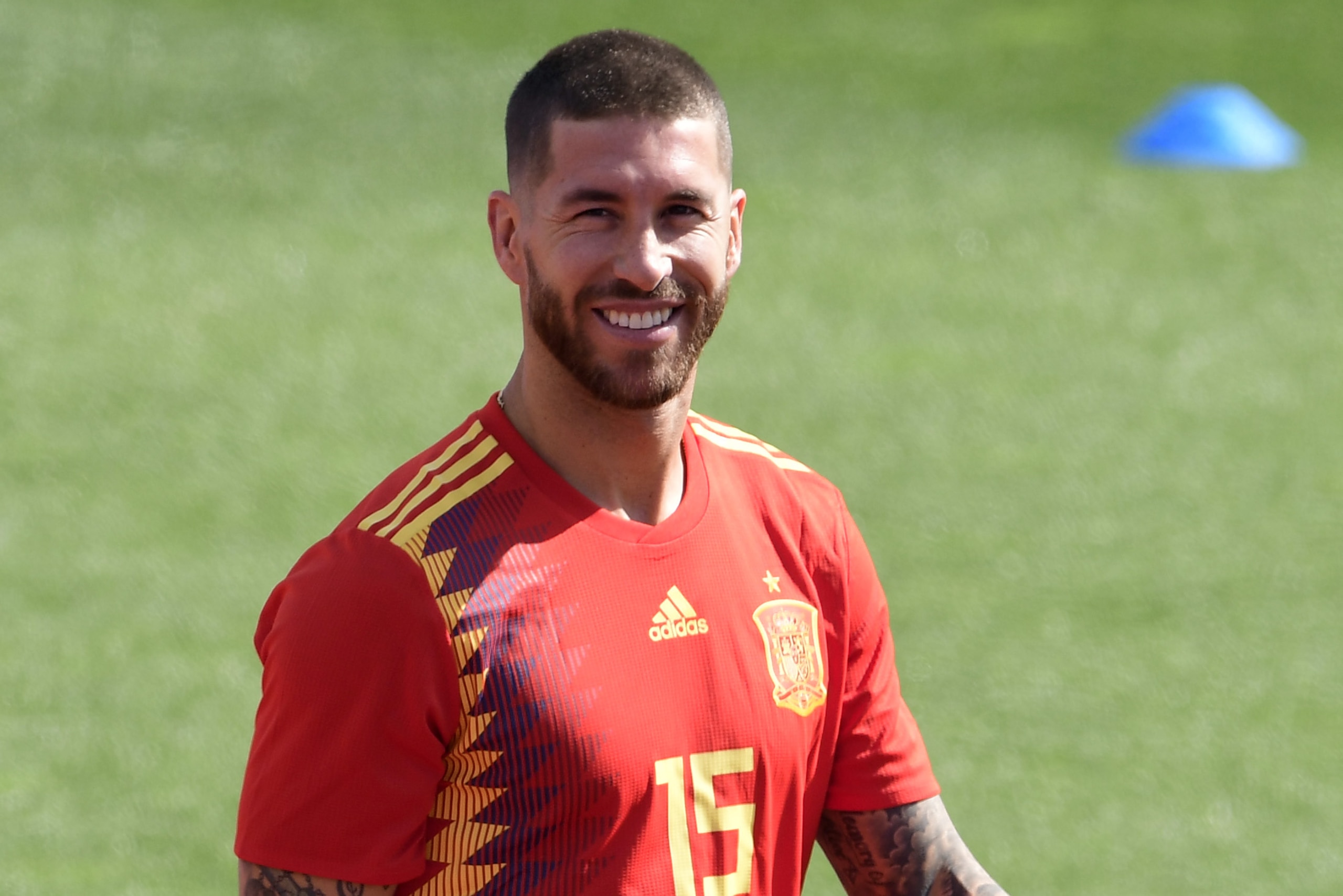 Spain's defender Sergio Ramos smiles during a training session at Las Rozas de Madrid sports city on June 5, 2018. (Photo by JAVIER SORIANO / AFP)        (Photo credit should read JAVIER SORIANO/AFP/Getty Images)