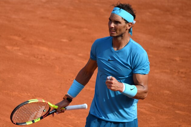 Spain's Rafael Nadal reacts after a point against Argentina's Juan Martin del Potro during their men's singles semi-final match on day thirteen of The Roland Garros 2018 French Open tennis tournament in Paris on June 8, 2018. (Photo by Eric FEFERBERG / AFP)        (Photo credit should read ERIC FEFERBERG/AFP/Getty Images)