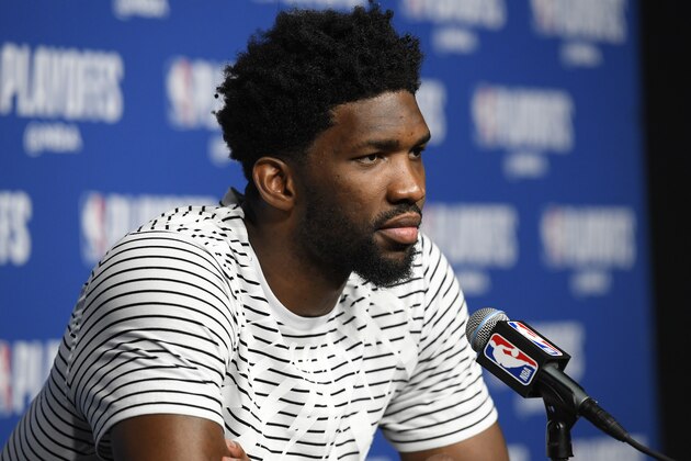 BOSTON, MA - MAY 9:  Joel Embiid #21 of the Philadelphia 76ers talks to the media after the game against the Boston Celtics in Game Five of the Eastern Conference Semifinals of the 2018 NBA Playoffs on May 9, 2018 at TD Garden in Boston, Massachusetts. NOTE TO USER: User expressly acknowledges and agrees that, by downloading and or using this Photograph, user is consenting to the terms and conditions of the Getty Images License Agreement. Mandatory Copyright Notice: Copyright 2018 NBAE (Photo by Brian Babineau/NBAE via Getty Images)