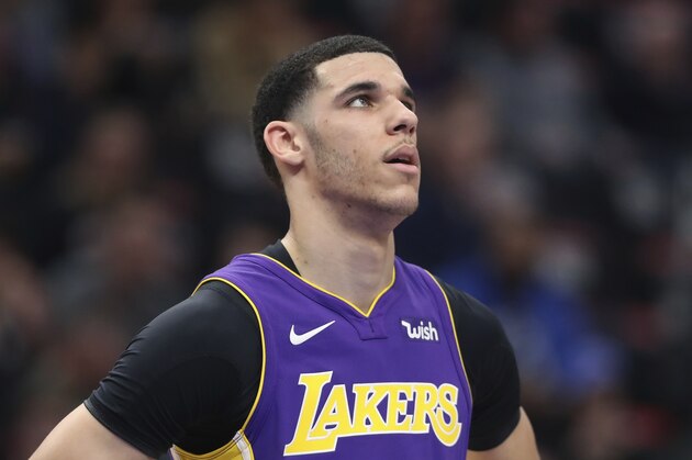 Los Angeles Lakers guard Lonzo Ball seen during the first half of an NBA basketball game against the Detroit Pistons, Monday, March 26, 2018, in Detroit. (AP Photo/Carlos Osorio)