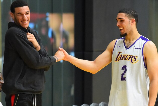 LOS ANGELES, CA - MAY 29:  Lonzo Ball #1 of the Los Angeles Lakers greets his brother LiAngelo Ball #2 after he completed his NBA Pre-Draft Workout with the Los Angeles Lakers on May 29, 2018 in Los Angeles, California. NOTE TO USER: User expressly acknowledges and agrees that, by downloading and or using this photograph, User is consenting to the terms and conditions of the Getty Images License Agreement  (Photo by Jayne Kamin-Oncea/Getty Images)