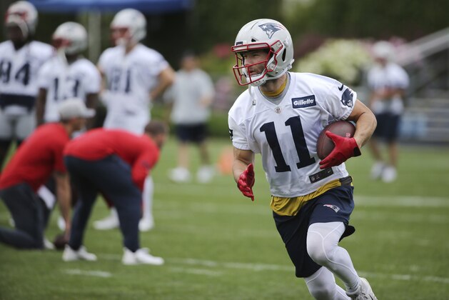 New England Patriots wide receiver Julian Edelman (11) runs with the ball during an NFL football minicamp practice, Wednesday, June 6, 2018, in Foxborough, Mass. (AP Photo/Elise Amendola)