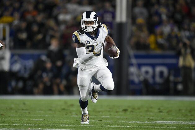 Los Angeles Rams running back Todd Gurley II in action during the first half of an NFL football wild-card playoff game against the Atlanta Falcons Saturday, Jan. 6, 2018, in Los Angeles. (AP Photo/Kelvin Kuo)