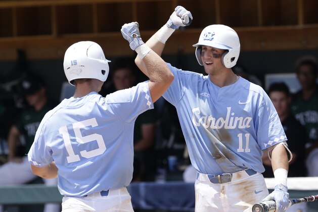 North Carolina's Cody Roberts (11) congratulates Michael Busch (15) following Busch's homer against Stetson during the inning of an NCAA super regional college baseball game in Chapel Hill, N.C., Friday, June 8, 2018. (AP Photo/Gerry Broome)