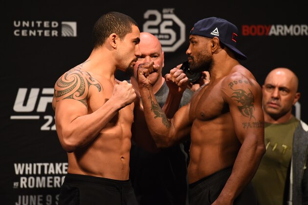 CHICAGO, ILLINOIS - JUNE 08:  (L-R) Opponents UFC Middleweight Champion Robert Whittaker of New Zealand and Yoel Romero of Cuba face off during the UFC 225 weigh-in at the United Center on June 8, 2018 in Chicago, Illinois. (Photo by Josh Hedges/Zuffa LLC/Zuffa LLC via Getty Images)