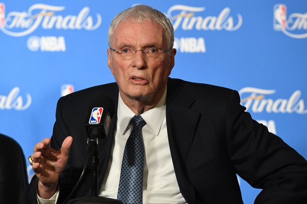 OAKLAND, CA - JUNE 4:  Hubie Brown honored by getting the Chuck Daly Lifetime Achievement Award before Game Two of the 2017 NBA Finals between the Cleveland Cavaliers and the Golden State Warriors on June 4, 2017 at Oracle Arena in Oakland, California. NOTE TO USER: User expressly acknowledges and agrees that, by downloading and or using this photograph, user is consenting to the terms and conditions of Getty Images License Agreement. Mandatory Copyright Notice: Copyright 2017 NBAE (Photo by Garrett Ellwood/NBAE via Getty Images)