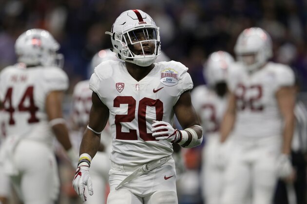 SAN ANTONIO, TX - DECEMBER 28: Bryce Love #20 of the Stanford Cardinal looks at the scoreboard in the first half of the Valero Alamo Bowl against the TCU Horned Frogs at Alamodome on December 28, 2017 in San Antonio, Texas. (Photo by Tim Warner/Getty Images)