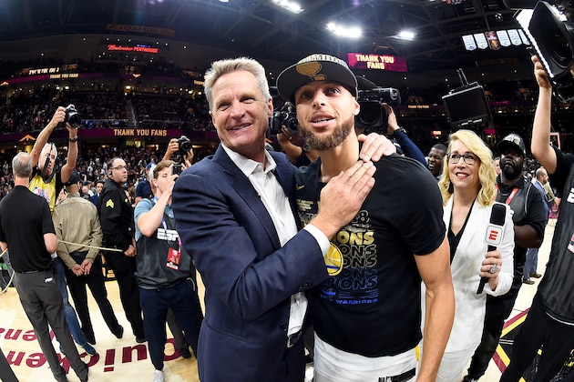 CLEVELAND, OH - JUNE 8: Head Coach Steve Kerr and Stephen Curry #30 of the Golden State Warriors celebrate after Game Four of the 2018 NBA Finals against the Cleveland Cavaliers on June 8, 2018 at Quicken Loans Arena in Cleveland, Ohio. NOTE TO USER: User expressly acknowledges and agrees that, by downloading and or using this Photograph, user is consenting to the terms and conditions of the Getty Images License Agreement. Mandatory Copyright Notice: Copyright 2018 NBAE (Photo by Andrew D. Bernstein/NBAE via Getty Images)