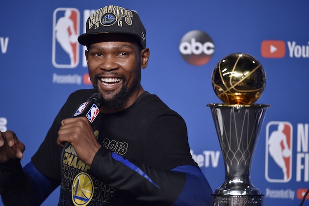 CLEVELAND,OH - Finals MVP Kevin Durant #35 of the Golden State Warriors speaks to the media after defeating the Cleveland Cavaliers in Game Four of the 2018 NBA Finals on June 8, 2018 at Quicken Loans Arena in Cleveland, Ohio. NOTE TO USER: User expressly acknowledges and agrees that, by downloading and/or using this photograph, user is consenting to the terms and conditions of the Getty Images License Agreement. Mandatory Copyright Notice: Copyright 2018 NBAE (Photo by David Liam Kyle/NBAE via Getty Images)