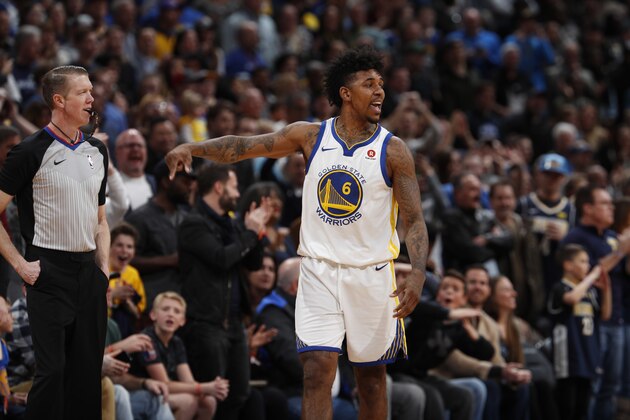 Golden State Warriors guard Nick Young (6) in the second half of an NBA basketball game Saturday, Feb. 3, 2018, in Denver. The Nuggets won 115-108. (AP Photo/David Zalubowski)