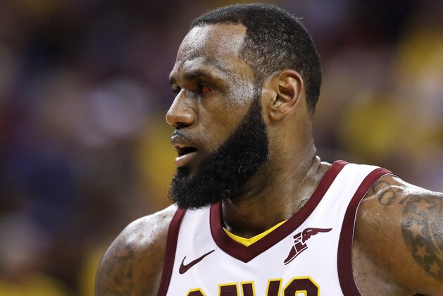 Cleveland Cavaliers forward LeBron James' eye is shown during the first half of Game 2 of basketball's NBA Finals between the Golden State Warriors and the Cleveland Cavaliers in Oakland, Calif., Sunday, June 3, 2018. (AP Photo/Marcio Jose Sanchez)