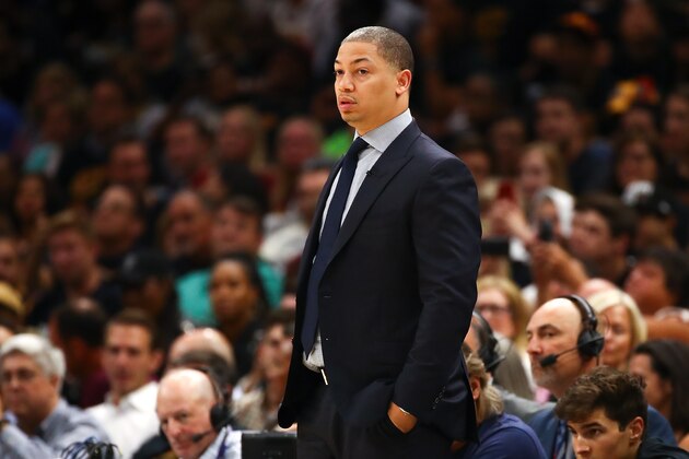 CLEVELAND, OH - JUNE 08:  Head coach Tyronn Lue of the Cleveland Cavaliers looks on against the Golden State Warriors in the first half during Game Four of the 2018 NBA Finals at Quicken Loans Arena on June 8, 2018 in Cleveland, Ohio. NOTE TO USER: User expressly acknowledges and agrees that, by downloading and or using this photograph, User is consenting to the terms and conditions of the Getty Images License Agreement.  (Photo by Gregory Shamus/Getty Images)
