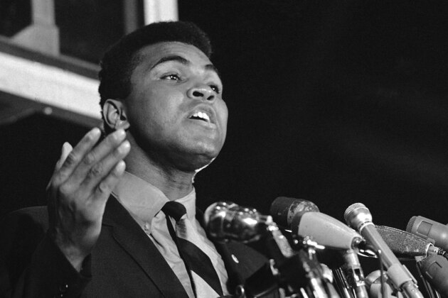 FILE - In this May 10, 1967 file photo, Muhammad Ali, former world heavyweight boxing champion, speaks at an anti-war rally at the University of Chicago in Chicago. Celebrities have long played a significant role in social change, from Harry Belafonte marching for civil rights to Ali’s anti-war activism. LeBron James and other basketball stars made news in 2014 when they wore t-shirts reading “I can’t breathe” to protest the death of Eric Garner. Just last month, “Grey’s Anatomy” star Jesse Williams just gave a passionate speech at the BET Awards calling for unity against police brutality. (AP Photo/Charles Harrity, File)