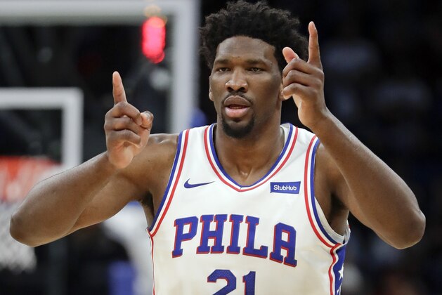 Philadelphia 76ers' Joel Embiid (21) gestures with his hands after making a shot and drawing a foul during the first half of an NBA basketball game against the Orlando Magic, Thursday, March 22, 2018, in Orlando, Fla. (AP Photo/John Raoux)