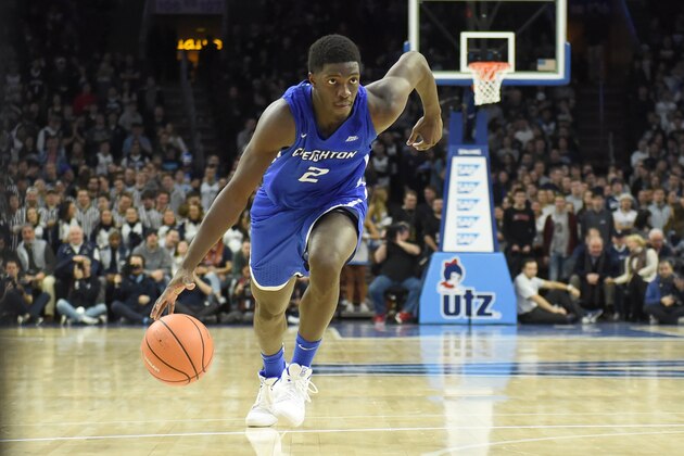 PHILADELPHIA PA- FEBRUARY 01:  Khyri Thomas #2 of the Creighton Bluejays dibbles the ball during a college basketball game against the Villanova Wildcats at the Wells Fargo Arena on February 1, 2018 in Philadelphia, Pennsylvania.  The Wildcats won 98-78.  (Photo by Mitchell Layton/Getty Images)