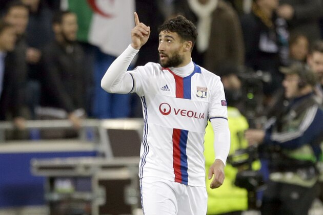 Lyon's Nabil Fekir reacts while celebrating his side's 3ed goal during a Europa League round of 16 first leg soccer match between Lyon and Roma in Decines, near Lyon, central France, Thursday, March 9, 2017. (AP Photo/Claude Paris)