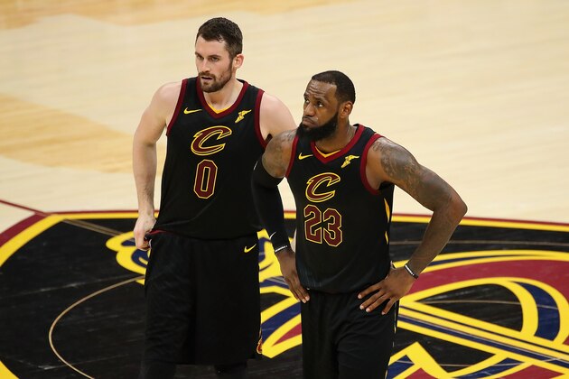 CLEVELAND, OH - MAY 19:  Kevin Love #0 and LeBron James #23 of the Cleveland Cavaliers look on in the first half against the Boston Celtics during Game Three of the 2018 NBA Eastern Conference Finals at Quicken Loans Arena on May 19, 2018 in Cleveland, Ohio. NOTE TO USER: User expressly acknowledges and agrees that, by downloading and or using this photograph, User is consenting to the terms and conditions of the Getty Images License Agreement.  (Photo by Gregory Shamus/Getty Images)