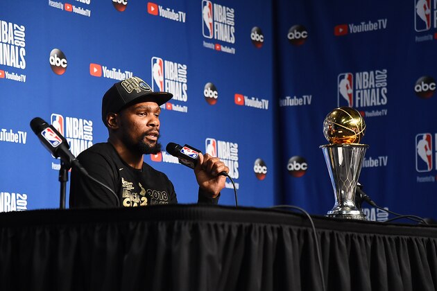 CLEVELAND, OH - JUNE 8: Kevin Durant #35 of the Golden State Warriors talks with media after the game against the Cleveland Cavaliers during Game Four of the 2018 NBA Finals on June 8, 2018 at Quicken Loans Arena in Cleveland, Ohio. NOTE TO USER: User expressly acknowledges and agrees that, by downloading and or using this Photograph, user is consenting to the terms and conditions of the Getty Images License Agreement. Mandatory Copyright Notice: Copyright 2018 NBAE (Photo by Andrew D. Bernstein/NBAE via Getty Images)