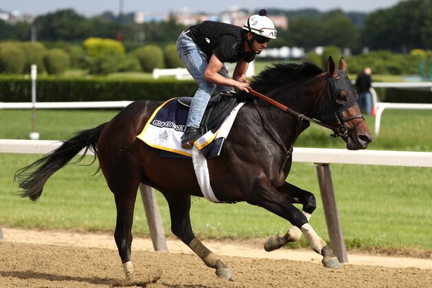 ELMONT, NY - JUNE 06:  Yamil Ortiz is up on Belmont Stakes contender Gronkowski during training prior to the 150th running of the Belmont Stakes at Belmont Park on June 6, 2018 in Elmont, New York.  (Photo by Al Bello/Getty Images)