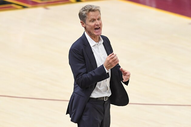 CLEVELAND, OH - JUNE 08:  Head coach Steve Kerr of the Golden State Warriors reacts against the Cleveland Cavaliers during Game Four of the 2018 NBA Finals at Quicken Loans Arena on June 8, 2018 in Cleveland, Ohio. NOTE TO USER: User expressly acknowledges and agrees that, by downloading and or using this photograph, User is consenting to the terms and conditions of the Getty Images License Agreement.  (Photo by Jason Miller/Getty Images)